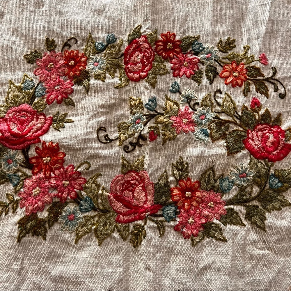 20”x16” Antique French Embroidery Panel, Flowers,Frame or Pillow.
